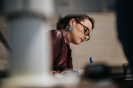 Woman in professional setting writing with focus during a work taskの写真素材