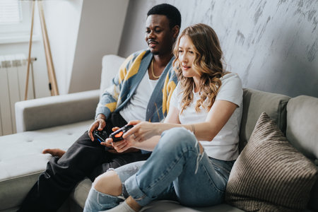 Young couple enjoying video gaming together in a cozy living room