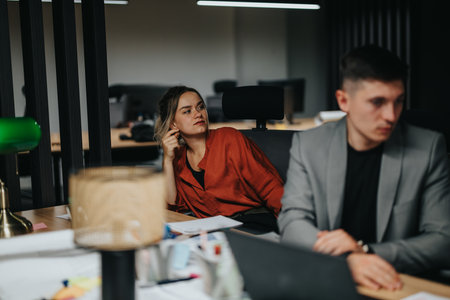 Diverse colleagues brainstorming during a late night office discussion sessionの写真素材