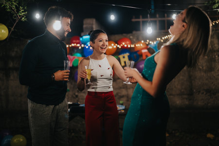 Friends celebrating a birthday at a backyard party with drinks and laughter