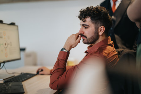 Business professional analyzing data during a project meeting in a vibrant office