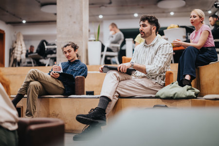 Casual business meeting with people discussing ideas in a modern officeの写真素材