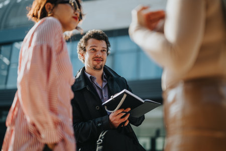 Young professionals having an outdoor business discussionの写真素材