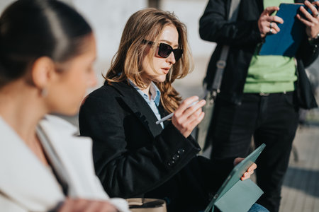 Young people collaborating outdoors with technology and sunlightの写真素材