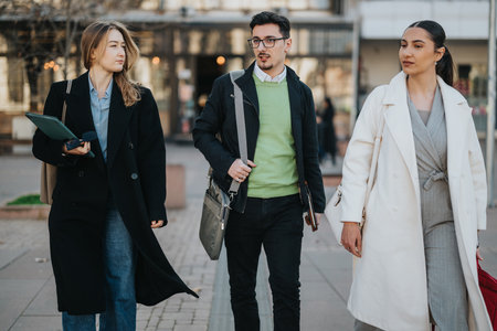 Professional young colleagues walking outdoors during a business meeting for collaborationの写真素材