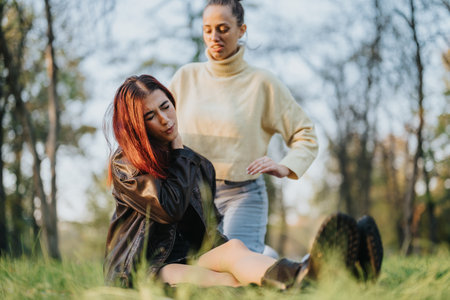 Two women outdoors, one assisting the other in apparent discomfortの写真素材