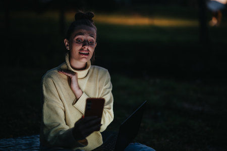 Person Looking at Smart phone Screen Outdoors in the Evening Beside a Laptop