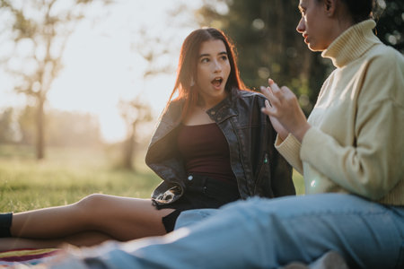Two young friends sharing an exciting conversation in a sunny parkの写真素材