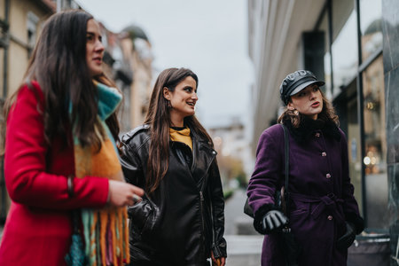 Group of women strolling through urban streets dressed in fashionable winter attireの写真素材