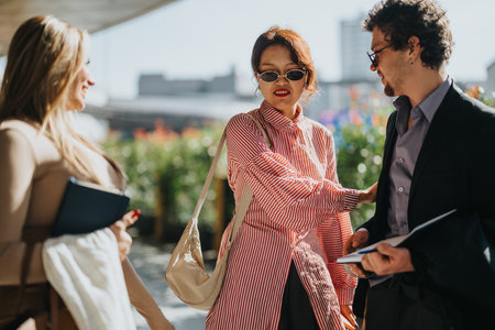 Multicultural business colleagues having an outdoor meeting and discussionの写真素材