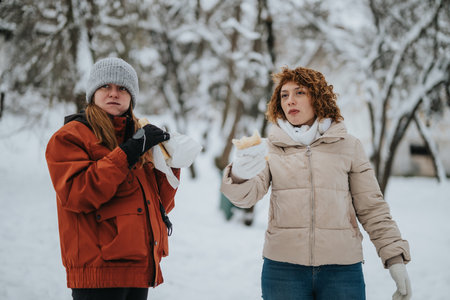 Two friends enjoying snacks together outdoors on a snowy winter dayの写真素材