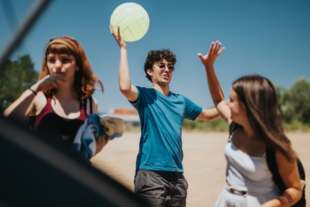 Group of friends enjoying activities outdoors on a sunny summer dayの写真素材