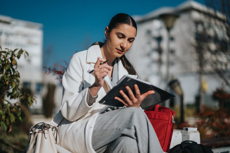 Young professional woman writing notes in an outdoor settingの写真素材