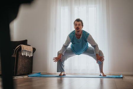Young man in casual outfit practicing yoga exercises indoors on a mat
