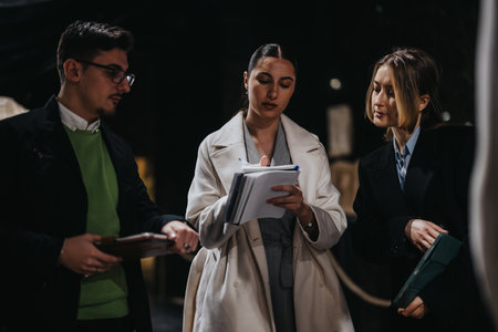 Three professionals reviewing notes at an exhibit, engaging in a thoughtful discussionの写真素材