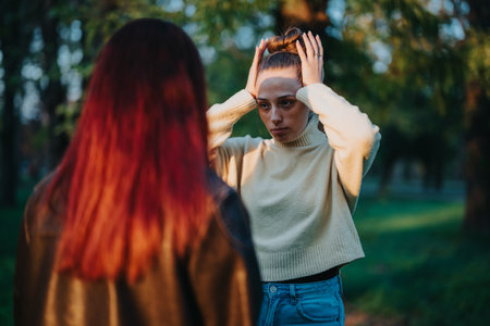Two Women Engaging in an Emotional Conversation in a Parkの写真素材