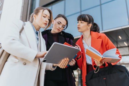 Three businesswomen collaborating outdoors while reviewing notes and using digital devicesの写真素材