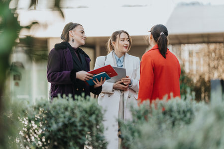 Group of businesswomen having a discussion outdoors near a modern buildingの写真素材