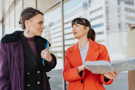 Two businesswomen engaging in a professional discussion outdoors with documentsの写真素材