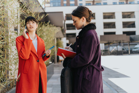 Two businesswomen collaborating outdoors with a notepad, phone, and stylish outfitsの写真素材