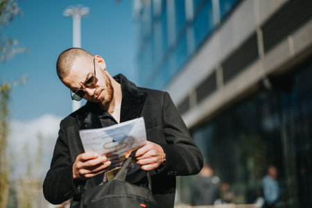Confident man reading a brochure outside a modern office buildingの写真素材