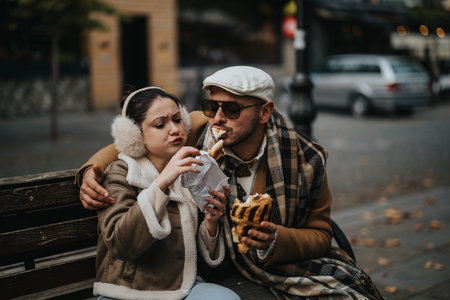 Happy couple enjoying pastries together on a cozy park benchの写真素材