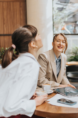 Two Businesswomen Engaging in a Friendly Discussion Over Coffee in a Modern Cafe Settingの写真素材