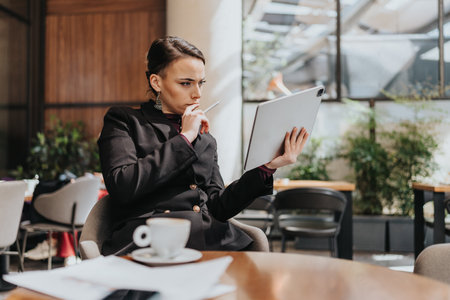 Confident businesswoman analyzing a report in a modern cafe settingの写真素材