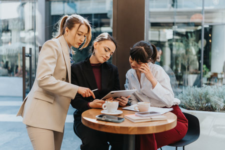 Three female entrepreneurs discussing ideas while working together at a cafeの写真素材