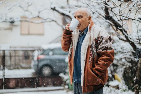 Senior man enjoying a warm beverage outdoors during a winter snowfall in a cozy jacketの写真素材