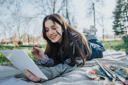 Teenage Girl Painting Outdoors on a Relaxing Sunny Day in Natureの写真素材