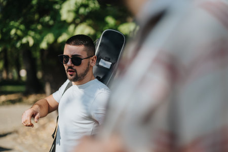 Casual man with guitar case on sunny day in park
