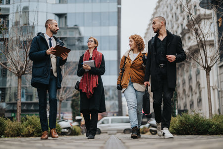 Group of professionals and friends engaging in discussion outdoors in an urban settingの写真素材