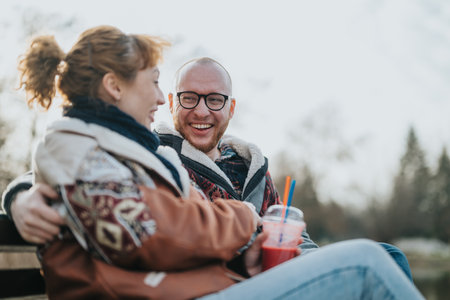Smiling couple enjoying a moment outdoors on a sunny winter day