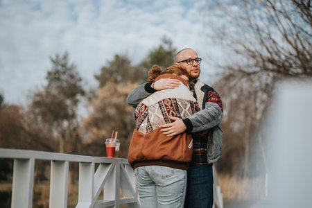 Couple embracing on a park bridge during a serene autumn dayの写真素材