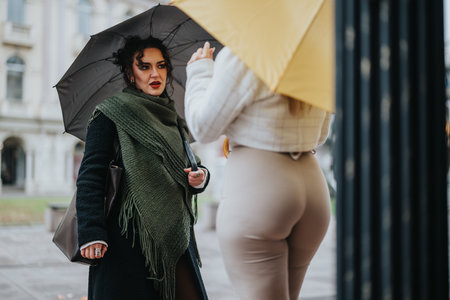 Women under umbrellas engaging in conversation outdoors on a rainy dayの写真素材