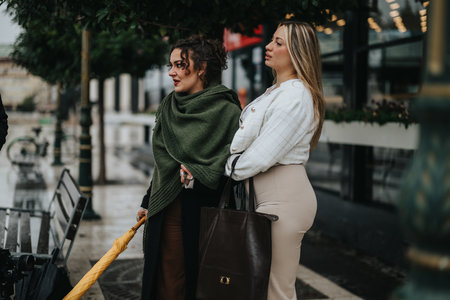 Two women conversing outdoors in the city during a rainy dayの写真素材