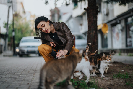 Smiling woman interacts with street cats in urban environmentの写真素材