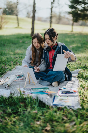 Two teenage girls painting outdoors together in a parkの写真素材