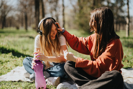 Two friends enjoying a sunny day in the park with joyful expressions