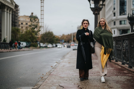 Two women walking together on a city sidewalk during a cloudy dayの写真素材