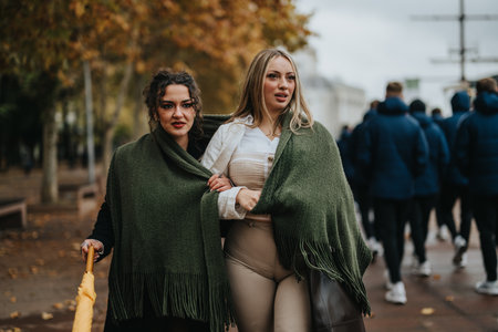 Two friends walking outdoors wearing warm clothes on a chilly autumn dayの写真素材