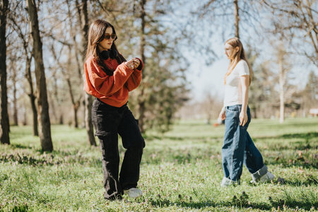 Two friends enjoying a sunny day in the park amidst greenery and treesの写真素材