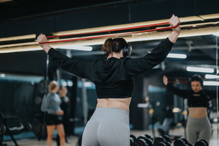 Woman Exercising with Resistance Band in Gym, Strength Training with Headphones On