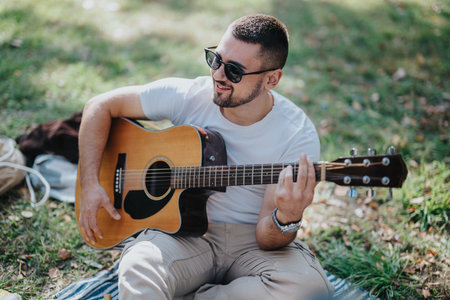 Man enjoying a sunny day outdoors while playing an acoustic guitar sitting on grass in a park.の写真素材