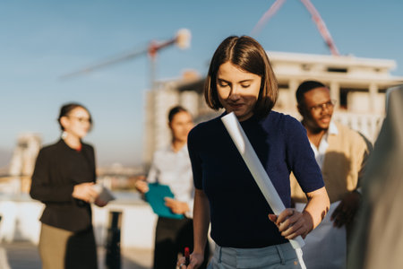 Multicultural business team enjoying a rooftop break at sunsetの写真素材