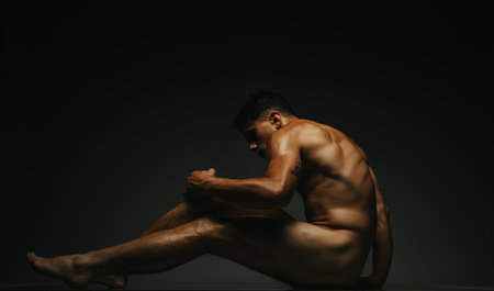 Portrait of a thoughtful man sitting in a dramatic low lightの写真素材