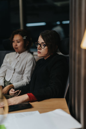 Two business people are focused on their work during a late night in the office.の写真素材