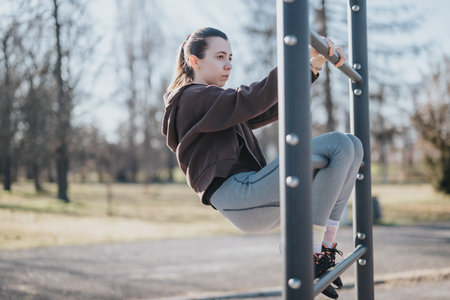 Young woman exercising outdoors on a fitness structure in a sunny park setting.
