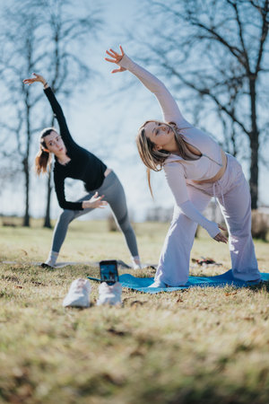 Two women performing stretching exercises outdoors in a sunny park setting